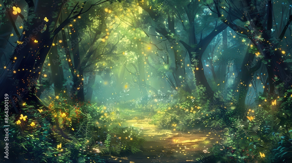 Fototapeta premium enchanting fairy tale forest with magical glowing fireflies and lush vegetation whimsical fantasy digital painting