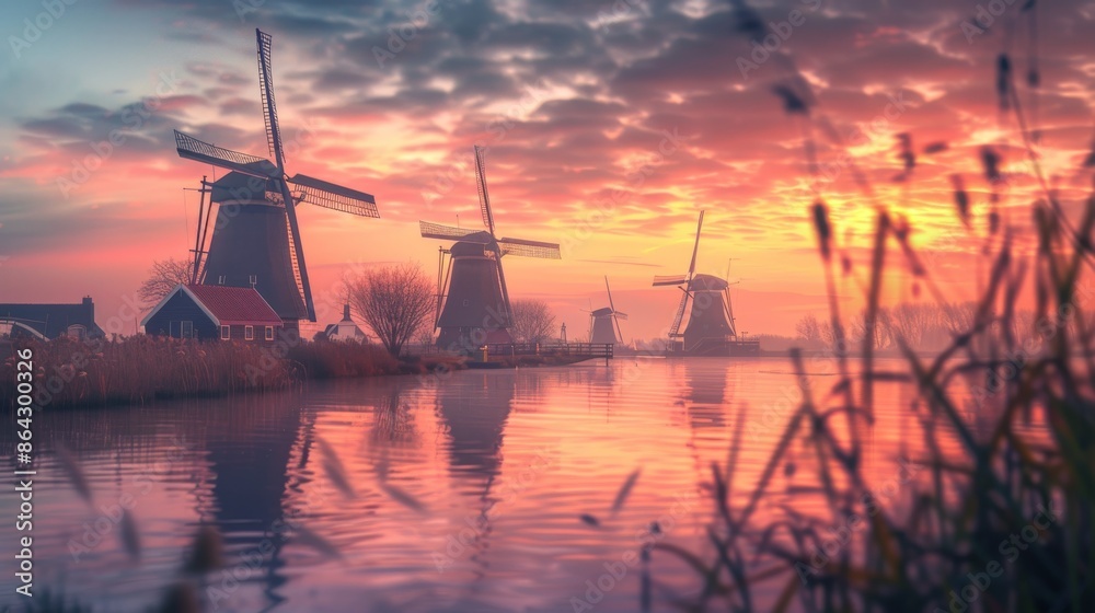Fototapeta premium Sunset at Traditional Dutch Windmills beside Tranquil River. Generative ai.