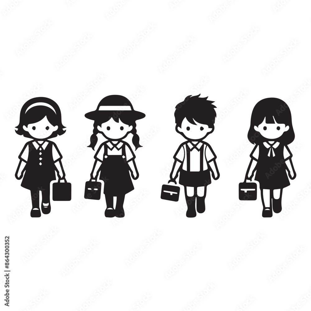 Black Silhouettee Children Walking to School | Happy Kids in School Uniforms | Cute Boys and Girls with Backpacks and Books | Black and White Illustration | Ideal for Educational and Back-to-School Black Silhouettee Children Walking to School | Happy Kids in School Uniforms | Cute Boys and Girls with Backpacks and Books | Black and White Illustration | Ideal for Educational and Back-to-School