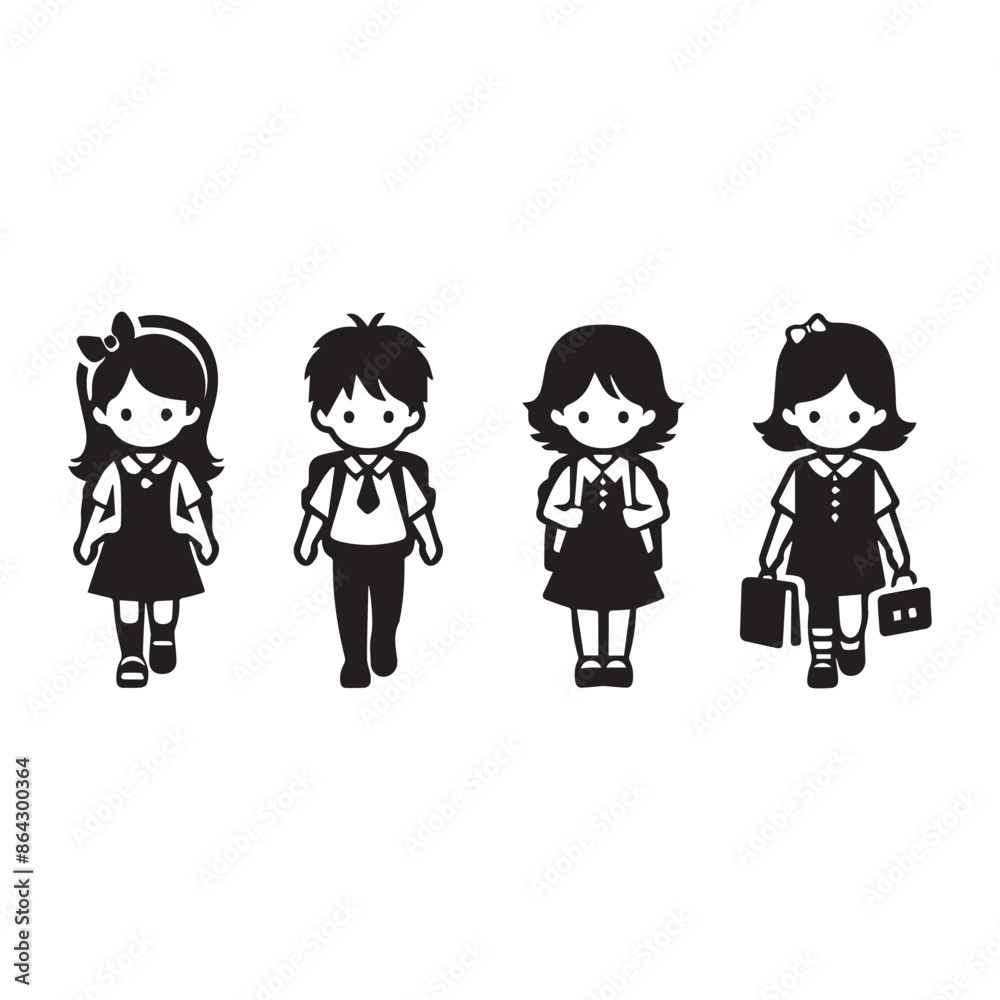 Black Silhouettee Children Walking to School | Happy Kids in School Uniforms | Cute Boys and Girls with Backpacks and Books | Black and White Illustration | Ideal for Educational and Back-to-School Black Silhouettee Children Walking to School | Happy Kids in School Uniforms | Cute Boys and Girls with Backpacks and Books | Black and White Illustration | Ideal for Educational and Back-to-School