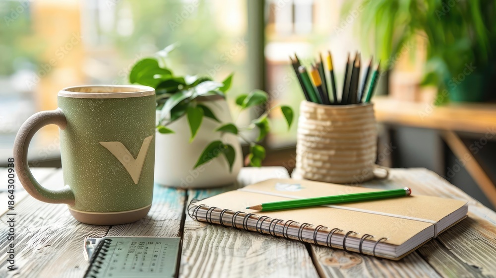 Eco-friendly work desk with a sustainable coffee mug, recycled notebook, pencil, and pen, promoting an environmentally conscious workspace Eco-friendly work desk with a sustainable coffee mug, recycled notebook, pencil, and pen, promoting an environmentally conscious workspace