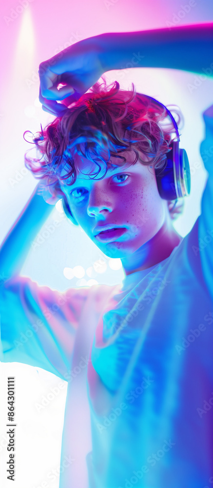 Obraz premium Fashion pretty boy with headphones listening to music. Professional photo. Studio shot of teenage boy dancing with headphones. 