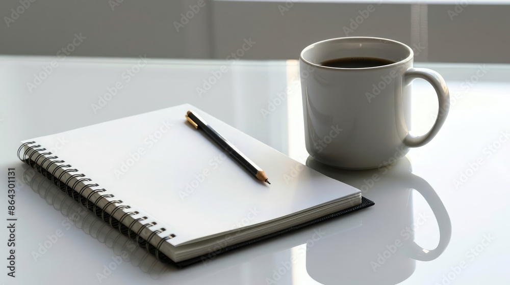 Modern minimalist desk with a sleek coffee mug, clean notebook, pencil, and pen, highlighting simplicity and productivity Modern minimalist desk with a sleek coffee mug, clean notebook, pencil, and pen, highlighting simplicity and productivity