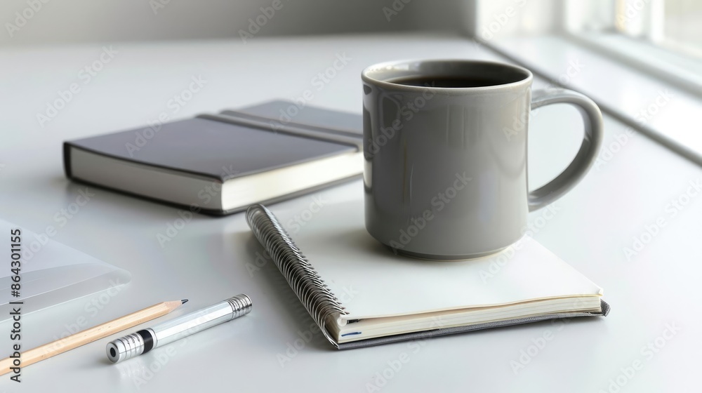 Modern minimalist desk with a sleek coffee mug, clean notebook, pencil, and pen, highlighting simplicity and productivity Modern minimalist desk with a sleek coffee mug, clean notebook, pencil, and pen, highlighting simplicity and productivity