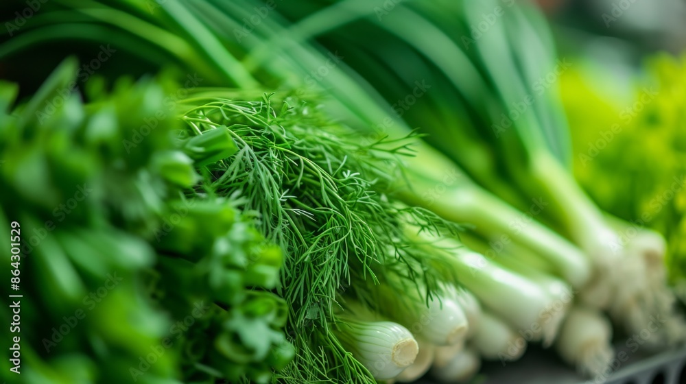 Fototapeta premium Fresh dill and green onions on a kitchen counter