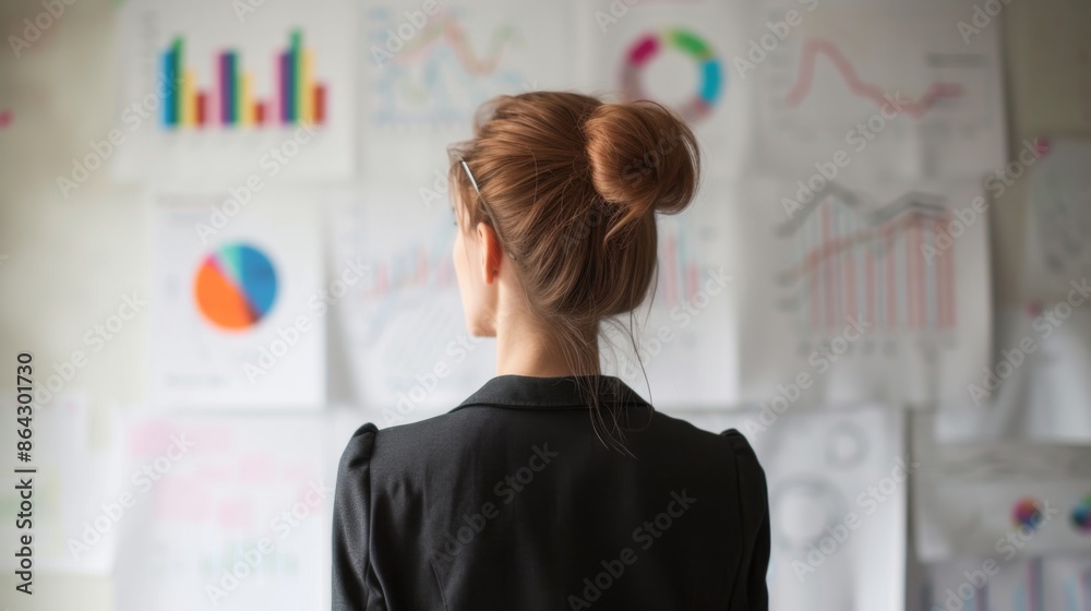 A businesswoman standing in front of a whiteboard, deep in thought as she plans a business strategy A businesswoman standing in front of a whiteboard, deep in thought as she plans a business strategy