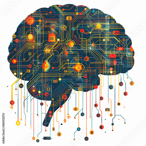 brain shaped circuit board integrated with microchips, representing the concept of artificial intelligence and digital technology. Generative ai vector illustration. Pop art comic book style imitation