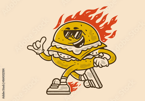 Vintage mascot character illustration of running burger with fire flames