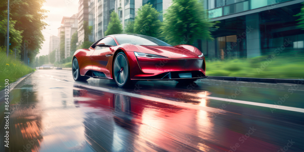 Fototapeta premium 3D sports electric car rides, blurred in motion