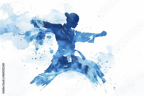 Artistic blue watercolor depiction of a karate athlete performing kata at the Paris 2024 Olympics, capturing the discipline and technique of the sport, Generative AI