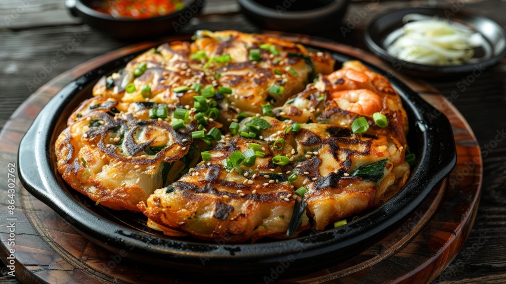 Crispy Korean Seafood Pancake with Fresh Toppings. A vibrant Haemul Pajeon featuring shrimp, mussels, and green onions, paired with a savory dipping sauce. Crispy Korean Seafood Pancake with Fresh Toppings. A vibrant Haemul Pajeon featuring shrimp, mussels, and green onions, paired with a savory dipping sauce.