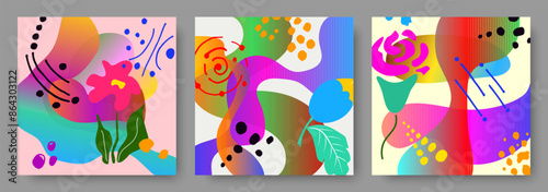 A fashionable set of abstract bright postcards with hand-drawn flowers in vector style. Creative doodles, various shapes and gradient textures.