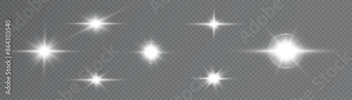 Vector light effects. Set of white light lens effects on transparent background. Transparent vector sunlight for web design and illustrations.