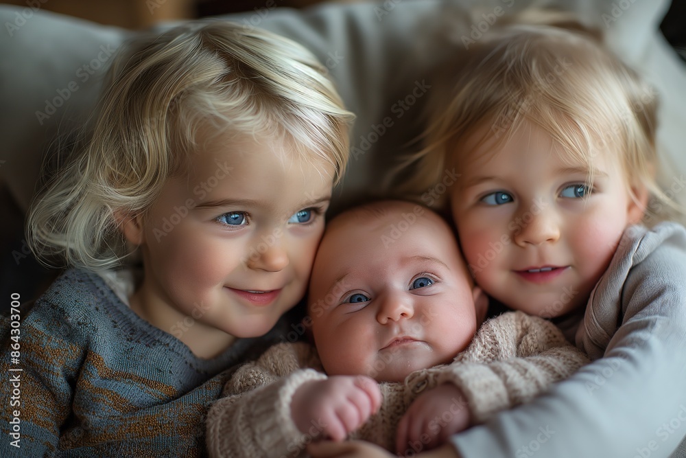 Two young sisters lovingly cuddle their baby brother indoors. Two young sisters lovingly cuddle their baby brother indoors.