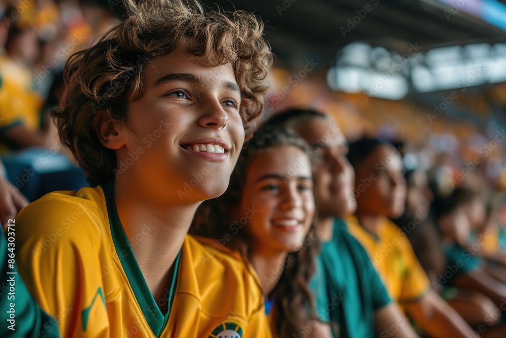 A group of fans in yellow and green jerseys watch a sporting event, smiling with excitement. A group of fans in yellow and green jerseys watch a sporting event, smiling with excitement.