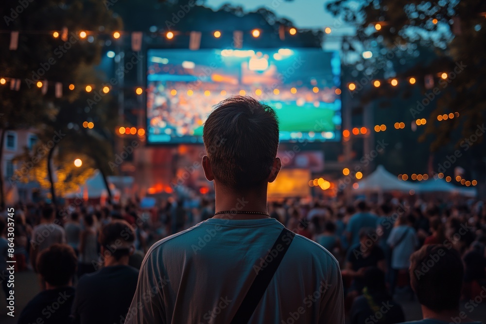A man watches a sporting event on a large screen at night. A crowd of people surrounds him, watching the game. A man watches a sporting event on a large screen at night. A crowd of people surrounds him, watching the game.