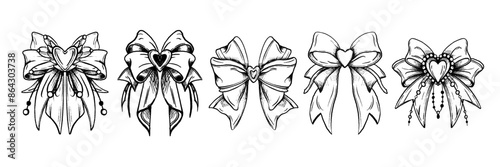 Doodle bow icon set, ribbon collection, vector hand drawn vintage cute hair girly decor accessory. Feminine romantic tattoo sketch, line bowknot cartoon design. Doodle bow festive heart brooch clipart