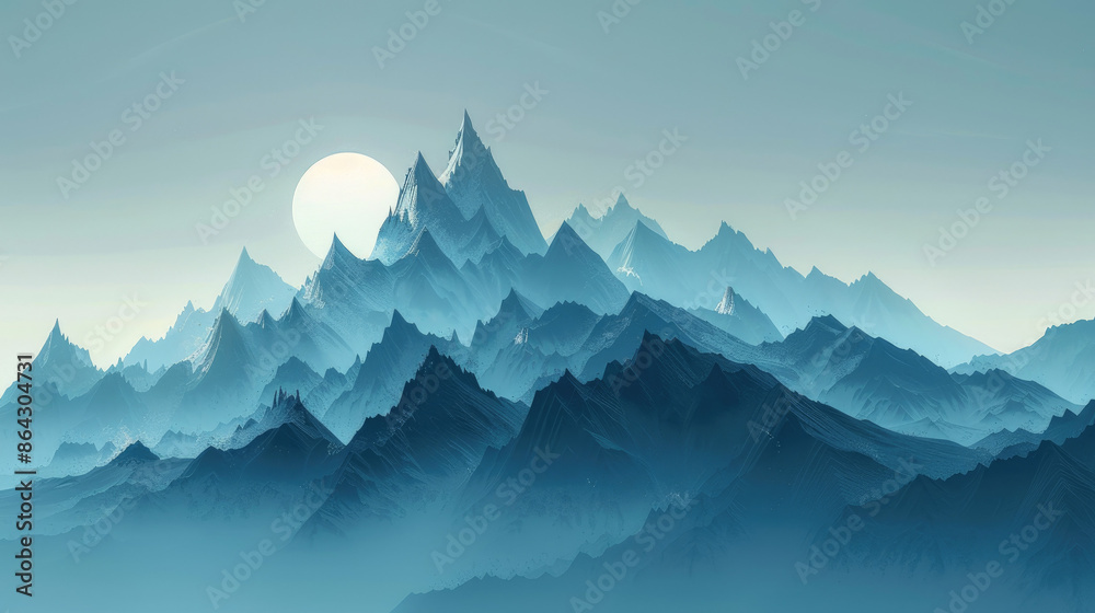 A soothing blue mountain range bathed in soft, cool light with the sun partially hidden behind the peaks, creating a calm and tranquil atmosphere. A soothing blue mountain range bathed in soft, cool light with the sun partially hidden behind the peaks, creating a calm and tranquil atmosphere.