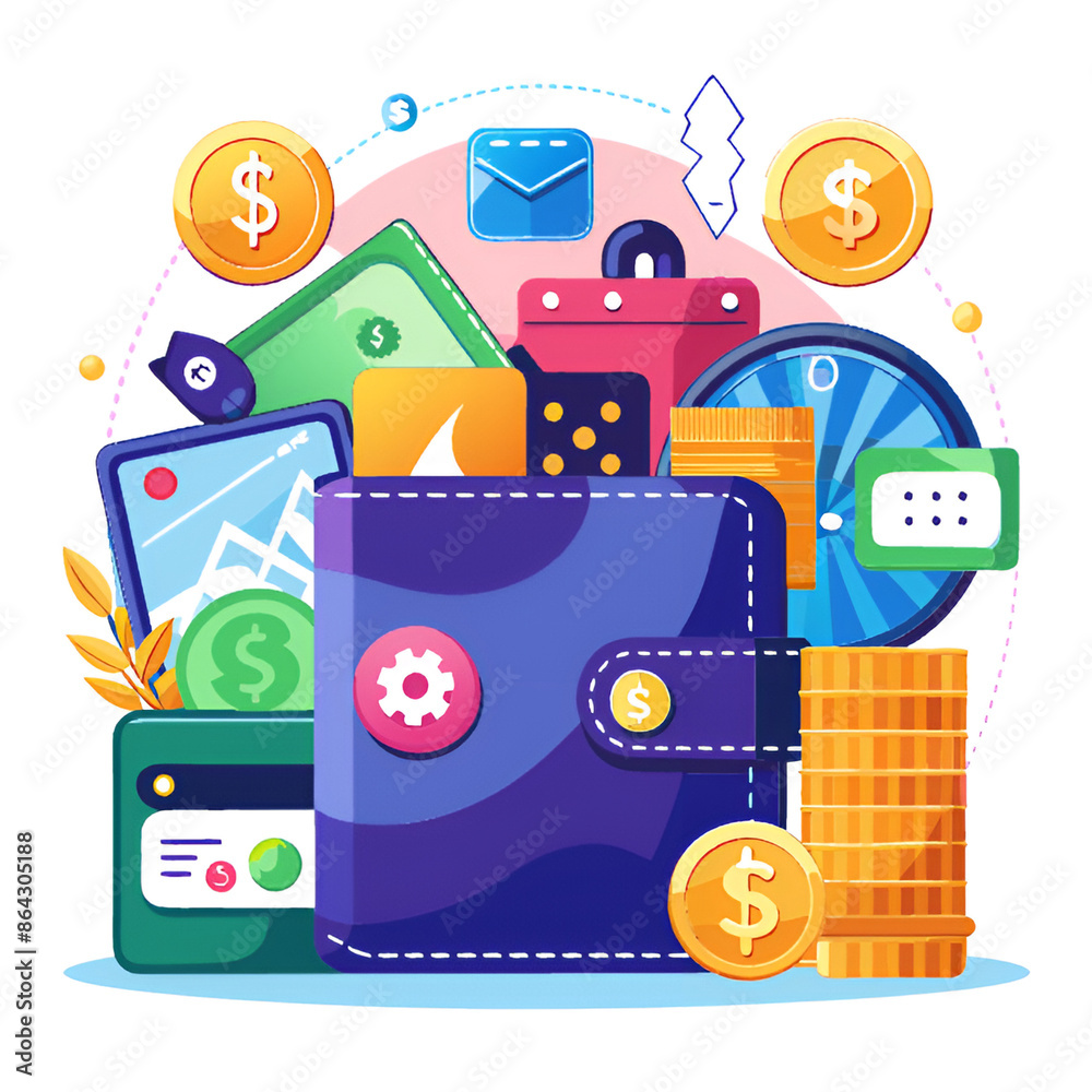 A wallet filled with money, coins, and various items A wallet filled with money, coins, and various items