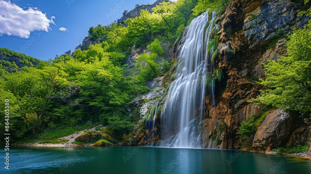 A beautiful landscape featuring a waterfall cascading down a rocky cliff into a serene lake, surrounded by vibrant greenery A beautiful landscape featuring a waterfall cascading down a rocky cliff into a serene lake, surrounded by vibrant greenery