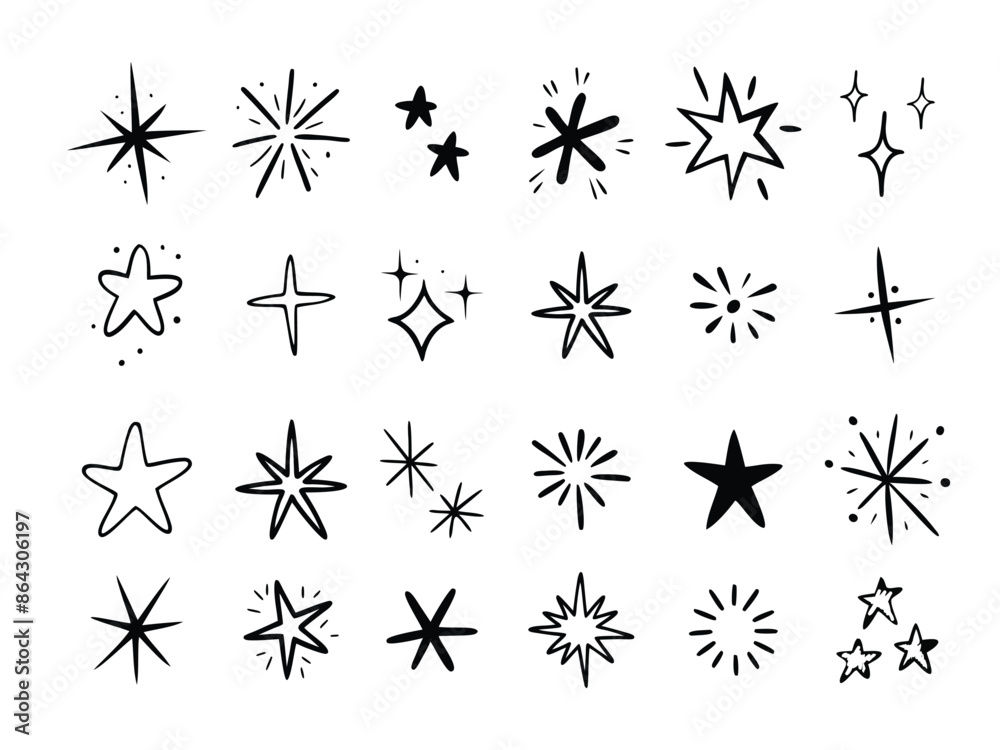 Set of hand drawn hand drawn vector doodle stars and sparkles. Isolated on white background. Vector illustration. Set of hand drawn hand drawn vector doodle stars and sparkles. Isolated on white background. Vector illustration.