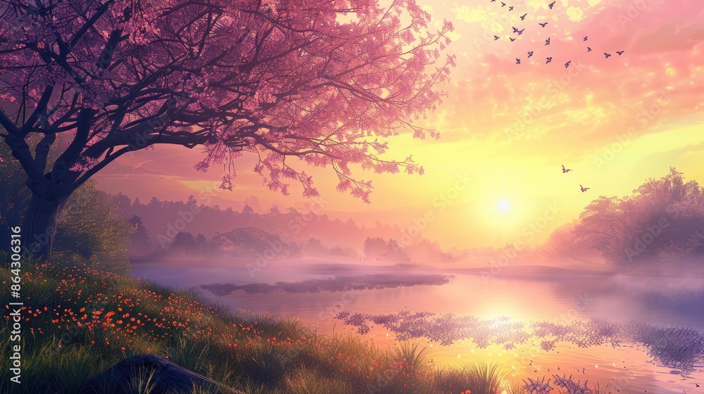 Fototapeta premium Cool Spring morning with misty sunrise