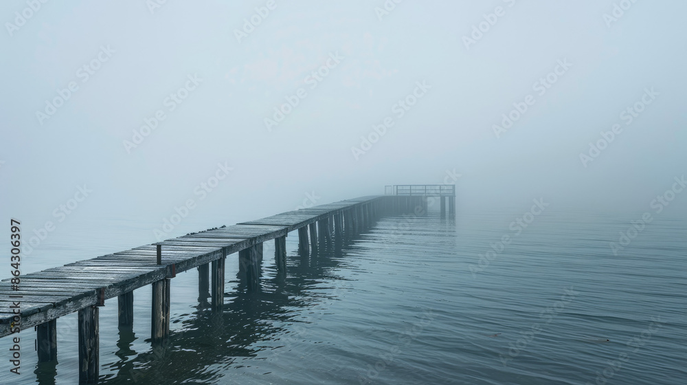 A wooden pier extends into a calm, foggy lake, disappearing into the mist. The scene is serene and enveloped in a quiet, ethereal atmosphere. A wooden pier extends into a calm, foggy lake, disappearing into the mist. The scene is serene and enveloped in a quiet, ethereal atmosphere.