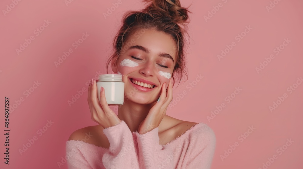 Portrait of laughing beautiful woman applying face cream isolated over pink background, cosmetic concept Portrait of laughing beautiful woman applying face cream isolated over pink background, cosmetic concept