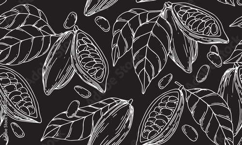 seamless pattern of cocoa beans, fruits and leaves. illustration with lines, sketch