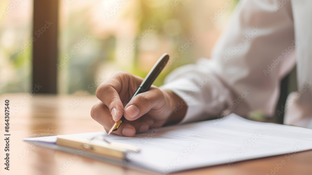 Closeup Hand Writing with Pen on Clipboard Paper, Office Desk Background Closeup Hand Writing with Pen on Clipboard Paper, Office Desk Background