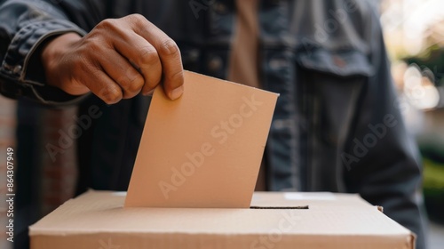 Man's Hand Placing Ballot Paper in Cardboard Box