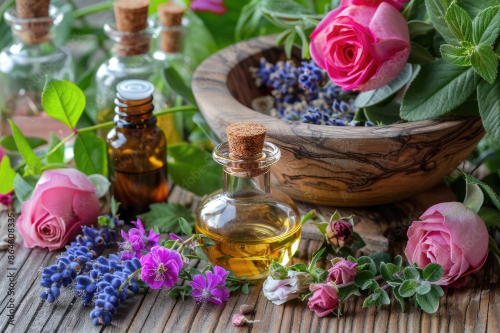 Essential Oils Mix: Assortment of Herbal Extracts in Bottles on Wooden Background Essential Oils Mix: Assortment of Herbal Extracts in Bottles on Wooden Background