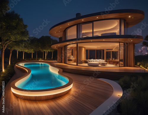 Futuristic villa made of wood with architectural curves 