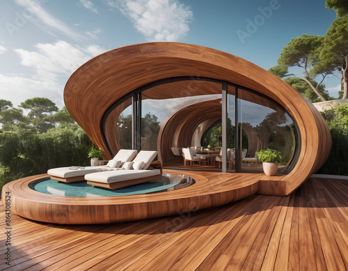 Futuristic villa made of wood with architectural curves 