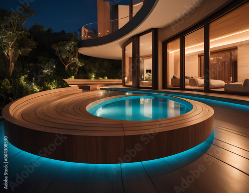 Futuristic villa made of wood with architectural curves 