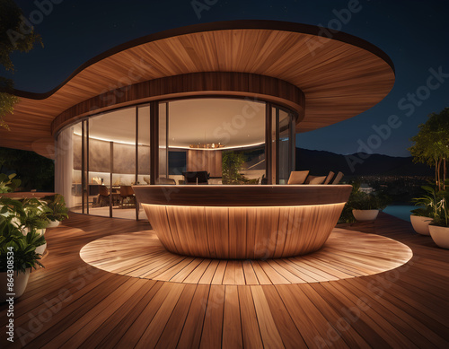 Futuristic villa made of wood with architectural curves 