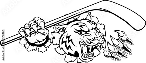 A tiger ice hockey player animal sports mascot holding a hockey stick