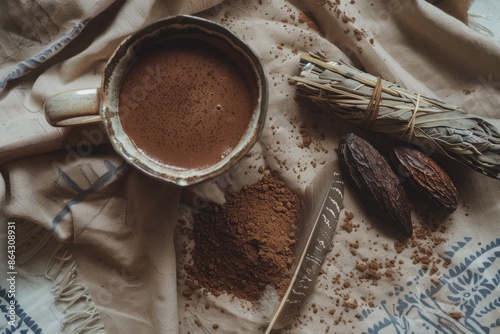 An elegant flat lay of a cacao ceremony kit, including cacao powder, a cup, a feather, and a sage bundle. 