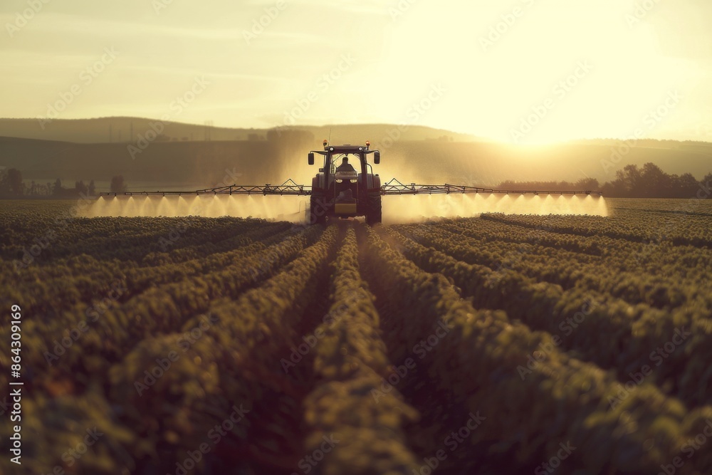 Fototapeta premium Tractor spraying pesticides and fertilizers on field
