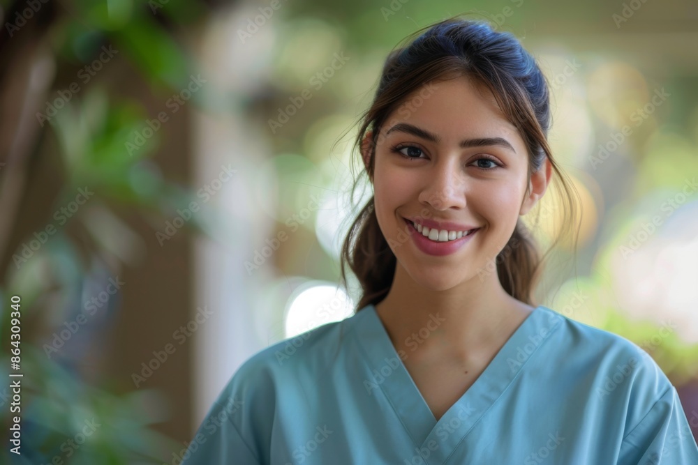 Young Hispanic nurse wearing scrubs in a nursing home Young Hispanic nurse wearing scrubs in a nursing home