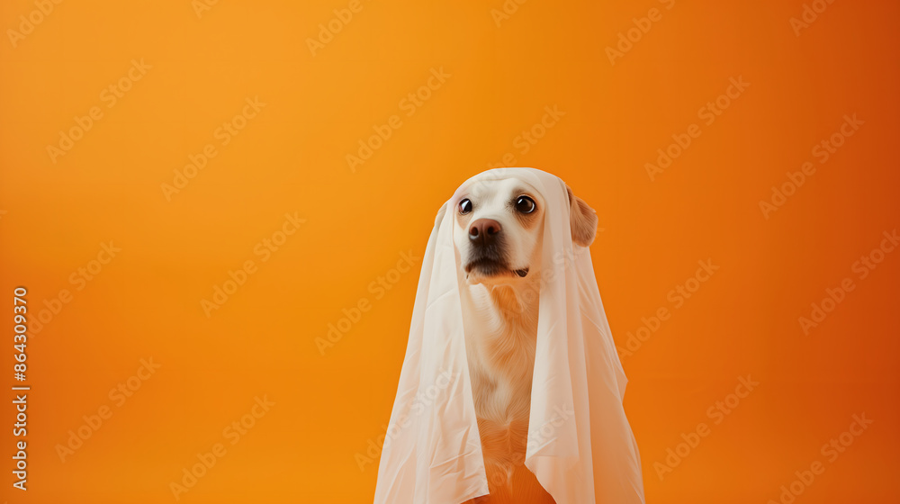 A dog is wearing a white sheet and looking at the camera