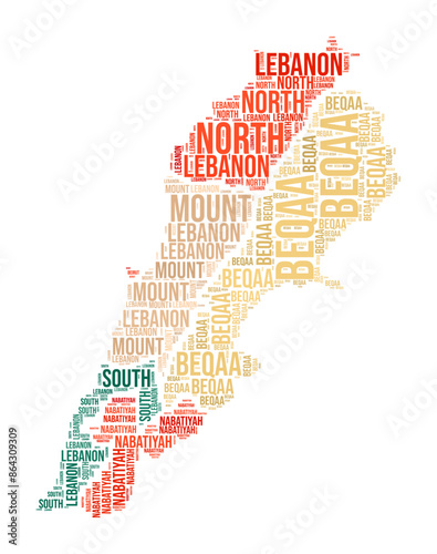 Lebanon word cloud in the shape of the country with region divisions. Lebanon typography style image. Region names tag clouds. Vector illustration.