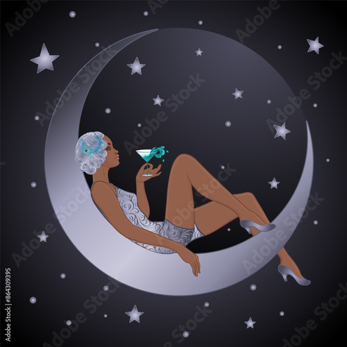 Pretty black woman sitting on vintage paper crescent moondrinking a martini. Flapper african american girl. Retro party invitation design. Vector illustration. Beaty in art deco style. Retro fashion