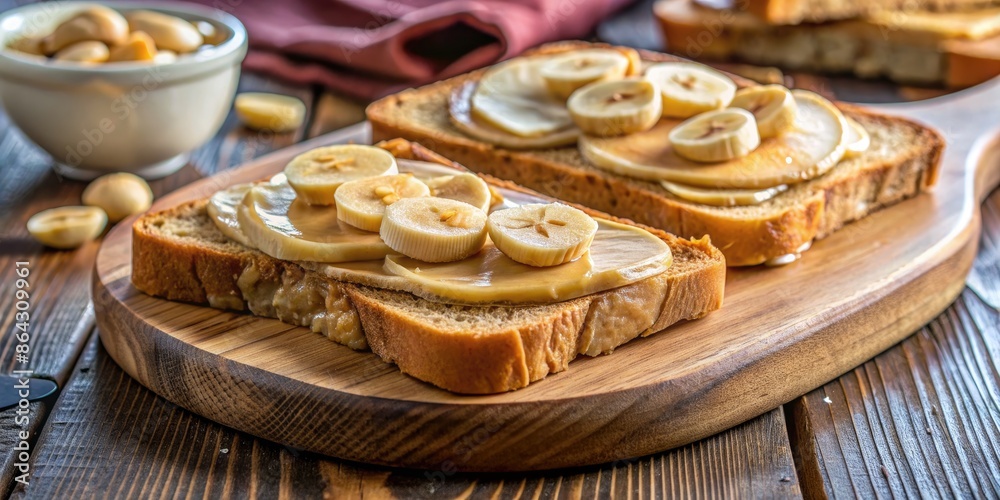 Banana and peanut butter toast on a plate. Banana and peanut butter toast on a plate.