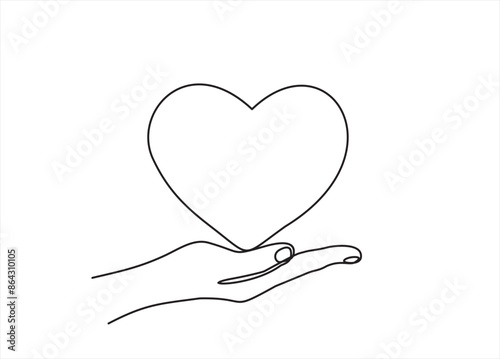 Continuous one line drawing hand holding heart. Charity donation linear symbol. Vector isolated on white background	
