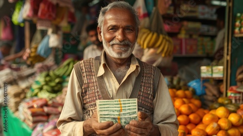 Portrait of an Elderly Man Holding Money in a Market