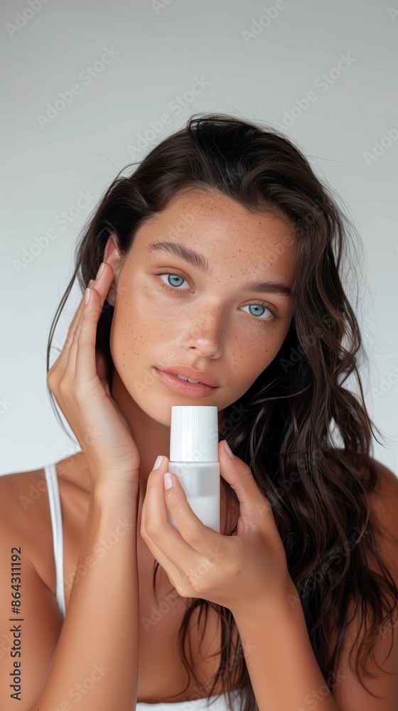 Portrait of beautiful woman with healthy skin using serum cream on her face, beauty cosmetic concept Portrait of beautiful woman with healthy skin using serum cream on her face, beauty cosmetic concept