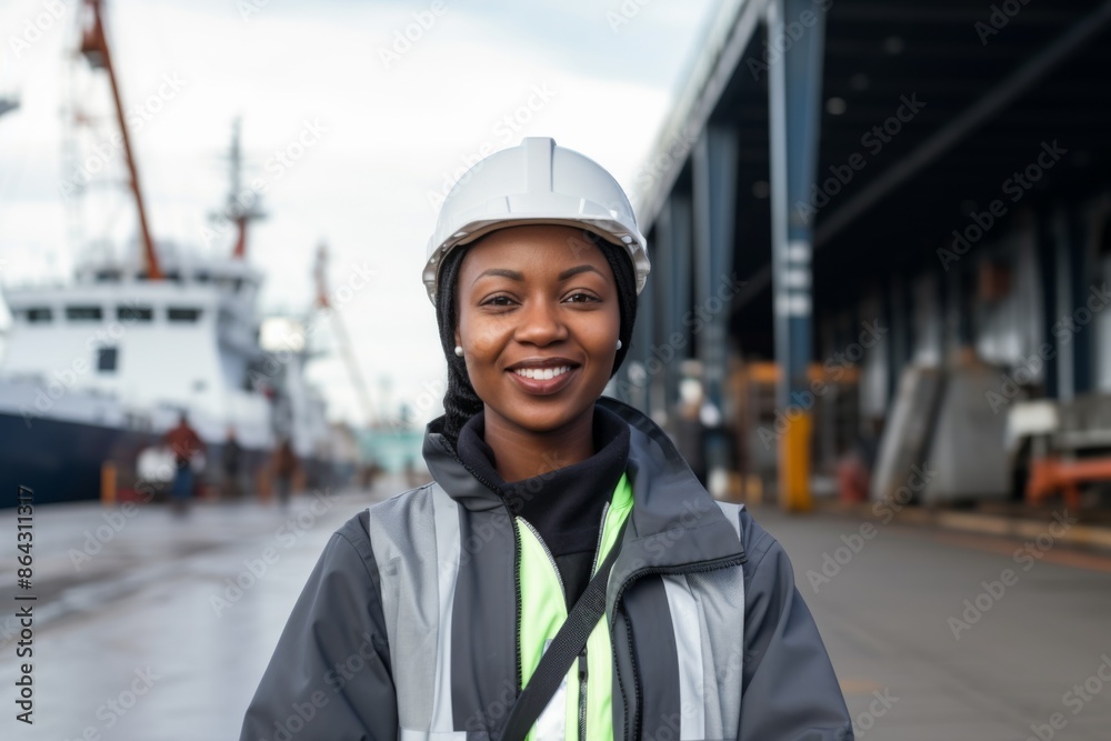 Female Dockworker Smiling in Hard Hat and Safety Vest Female Dockworker Smiling in Hard Hat and Safety Vest