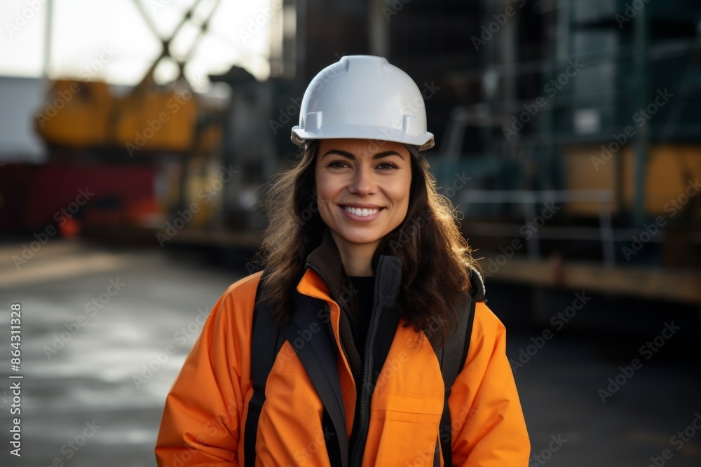 Female Dockworker Smiling in Hard Hat and Safety Vest Female Dockworker Smiling in Hard Hat and Safety Vest