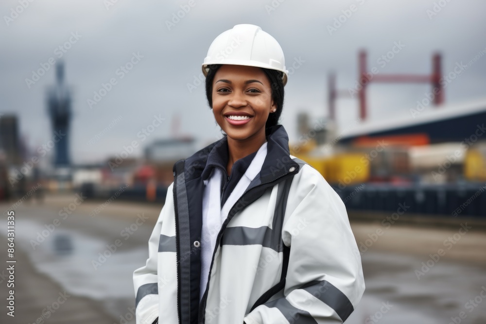 Female Dockworker Smiling in Hard Hat and Safety Vest Female Dockworker Smiling in Hard Hat and Safety Vest